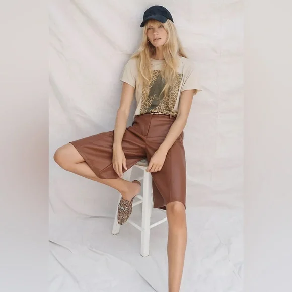 High-Waist Faux Leather Bermuda Shorts in Brown - Picture 3 of 11
